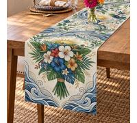 Runner da tavola costiero con ibisco tropicale e onde oceaniche | Bouquet floreale tropicale, corridore del comò, motivi onde dell'oceano, decorazione per la casa costiera
