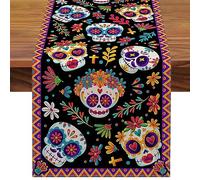 Runner da tavola "Day of the Dead", morbido runner decorativo messicano, decorazione per altare del giorno dei morti, multifunzionale e rustico, in lino per le vacanze, decorazione della sala da