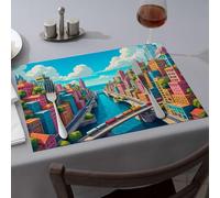 Runner da tavola estivo colorato con città con fiume e ponti, tovagliette decorative per cucina e sala da pranzo (4 pezzi)