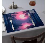 Runner da tavola estivo con foresta al chiaro di luna con fiume sereno che riflette tonalità rosa, tovagliette decorative per cucina e sala da pranzo (4 pezzi)
