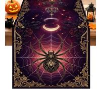 Runner da tavola floreale gotico, motivo ragno viola e luna, decorazione per la casa di Halloween per riunioni di famiglia e feste di vacanza, 33 x 274 cm