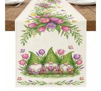Runner da tavola floreale primaverile, fantasiosi gnomi da giardino e fiori vivaci, decorazione per cucina, sala da pranzo, riunioni di famiglia, celebrazioni, 33 x 183 cm