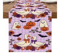 Runner da tavola giocoso di Halloween, fantasioso design floreale con anatre e zucche, per la sala da pranzo autunnale e le celebrazioni festive, 33 x 274 cm