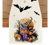 Runner da Tavola Halloween Gatto Lino Lavabile Tovaglia Runner Centrotavola Halloween Addobbi Autunnali per Sala da Pranzo Picnic Interni Vacanze Autunno Feste Cucina 40x180cm