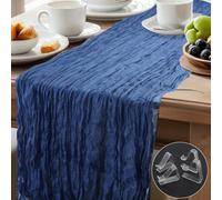 Runner da tavola in garza, 90 x 400 cm, blu polveroso, boho trasparente, runner da tavolo, matrimonio, garza, tessuto rustico per addio al nubilato con 2 grandi mollette per tovaglia e 2 piccole