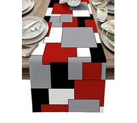 Runner da tavola in iuta di lino, lunghezza 182 cm, moderna arte astratta a blocchi di colore grigio, nero e rosso, per comò, feste, soggiorno, tavolo da pranzo, decorazione 33 x 183 cm