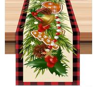 Runner da tavola in lino con motivi natalizi tra cui pigne, campane e bacche festive, progettato per migliorare gli spazi da pranzo e la vita durante le stagioni festive (1)