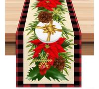 Runner da tavola in lino con motivi natalizi tra cui pigne, campane e bacche festive, progettato per migliorare gli spazi da pranzo e la vita durante le stagioni festive (2)