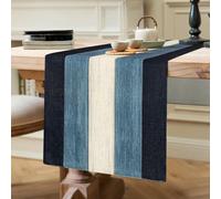 Runner da tavola moderno alla moda, blu profondo e bianco, strisce di venature del legno, runner da tavola stagionale, decorazione per interni, vacanze, feste, 40 x 140 cm, stile vintage