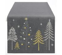 Runner da tavola natalizio, 140 x 40 cm, grigio con alberi di Natale bianchi e dorati e stelle, decorazione da tavolo per l'inverno e l'avvento