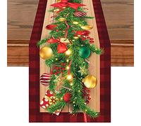 Runner da tavola natalizio, 35 x 180 cm, con bacche rosse e bufalo rosso nero a quadri, runner da tavola 3D realistico, per le vacanze invernali e la cucina, decorazione per interni ed esterni