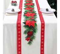Runner da Tavola Natalizio Cartamo, Tovaglia Natalizia Rosso in Lino con Stampa di Albero di Natale Campanelli Fiori Rossi, Decorazioni Natalizie Tavolo per Natale Cene di Famiglia(274 x 33 cm)