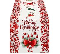 Runner da tavola natalizio - Elegante tovaglia per le vacanze con nappe, runner da cucina rettangolare con motivo bastoncini di zucchero e stampa Buon Natale | Elegante decorazione per tavolo di