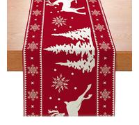 Runner da Tavola Natalizio Rosso, 33 x 183 cm Runner Tavola con Renne Albero Fiocco di Neve, Decorazioni Tavolo Inverno per Natale Feste Vacanze