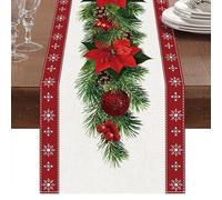 Runner da Tavola Natalizio Rosso, Tovaglia Natalizia Cartamo in Lino con Stampa di Albero di Natale Campanelli Fiori Rossi, Decorazioni Natalizie Tavolo per Natale Cene di Famiglia(183 x 33 cm)