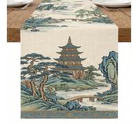 Runner da tavola orientale con paesaggio, blu e verde, stile vintage, decorazione per la casa e la sala da pranzo, per riunioni primaverili e vacanze, 33 x 183 cm