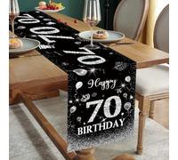 Runner da tavola per 70° compleanno, nero argento, 182 cm, con scritta "Happy 70th Birthday", per 70 anni, uomini e donne, per festeggiare compleanno, anniversario, feste, antiscivolo, decorazione in