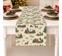 Runner da tavola rustico invernale a tema capanna e cervo, 33 x 228,6 cm | Stampa rustica della cabina, corridore del comò, motivi dell'albero sempreverde, scena del bosco, atmosfera accogliente da