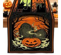Runner da tavola spettrale con scena Jack-o'-lantern per Halloween | Scena del cimitero, runner per comò, stile gotico, decorazione da tavolo stagionale, atmosfera spettrale, tessuto resistente