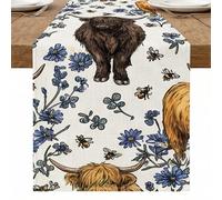 Runner da tavola vintage floreale, design con bovini e api delle Highland per la casa, la cucina, la sala da pranzo, forniture per feste primaverili ed estive, 33 x 274 cm