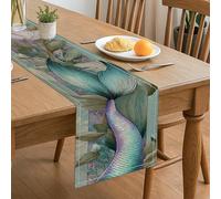 Runner da tavolo a forma di coda di sirena, design floreale oceanico per estate, decorazione da spiaggia, sala da pranzo, perfetto per riunioni di famiglia e celebrazioni stagionali, 33 x 183 cm