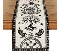 Runner da tavolo beige vichingo con albero della vita e corvo e elmo dello spavento, decorazione stagionale per la cucina e il tavolo da pranzo, decorazione per la casa e le feste, 33 x 18