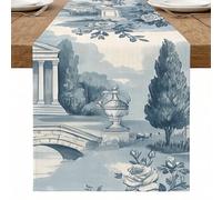Runner da tavolo blu vintage con paesaggio, elegante design floreale a ponte, decorazione per la casa per riunioni primaverili di famiglia, 33 x 274 cm