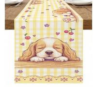 Runner da tavolo con cane carino, motivo a scacchi gialli con cuccioli e fiori, per la primavera e la casa, decorazione per sala da pranzo, 33 x 228 cm