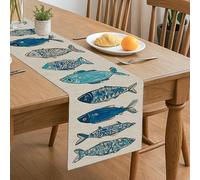 Runner da tavolo con pesce blu, motivo nautico vintage, decorazione per cucina costiera, decorazione per casa, cene in famiglia, feste estive, 33 x 183 cm