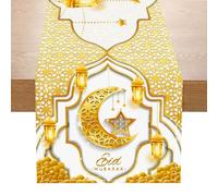 Runner da Tavolo EID Oro Bianco con Motivo Stelle Lunari, Decorazioni Eid Mubarak per Tavola Ramadan, Umrah Mubarak (183*33 cm)