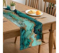 Runner da tavolo in marmo astratto, turchese e oro, design artistico per la casa, decorazione per sala da pranzo e riunioni festive, 33 x 183 cm