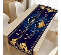 Runner da tavolo, multicolore Ramadan, tovaglia in lino, musulmana, islamica, decorazione con stella dorata, luna, lanterna, moschea, per la stagione, decorazione da tavolo, per interni, vacanze e