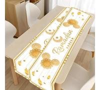 Runner da tavolo, multicolore Ramadan, tovaglia in lino, musulmana, islamica, decorazione con stella dorata, luna, lanterna, moschea, per la stagione, decorazione da tavolo, per interni, vacanze e