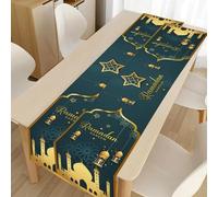 Runner da tavolo, multicolore Ramadan, tovaglia in lino, musulmana, islamica, tovaglia decorativa con stella dorata, luna, lanterna, moschea, per la stagione, decorazione da tavolo per interni,