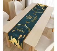 Runner da tavolo, multicolore Ramadan, tovaglia in lino, musulmana, islamica, tovaglia decorativa con stella dorata, luna, lanterna, moschea, per la stagione, decorazione da tavolo per interni,