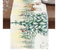 Runner Tavola Moderno Natalizio 230 x 33cm, Centrino Natalizio, Tovaglia Natalizia Bianca con Albero Di Natale, Alce, Coniglio e Volpe In Un Paesaggio Innevato, per Decorazioni Natalizie per La Tavola