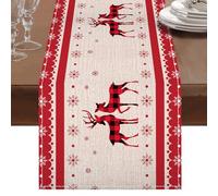 Runner Tavola Natalizio 230 x 33cm, Runner Tavola Moderno, Decorazioni Natalizie per La Tavola, Tovaglia Rossa Natalizia con Elegante Alce e Fiocco Di Neve Stampato, per Interni ed Esterni, Soggiorno