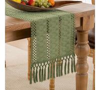 Runner Tavola Verde Boho Runner da Tavolo Tovaglia in Lino di Cotone Casale Rustico Runner Tavolo Caffè da Esterno per Interni 180cm con Nappe a Mano per Decorazioni Cucina Sala da Pranzo Partito