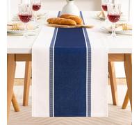 Runner Tavolo con Ampie Strisce Blu in Cotone e Lino 33x183cm, Runner Centro Tavola Moderno per Soggiorno, Tovaglia Rettangolare Campagnolo Decorazione per Tavoli da Pranzo di Feste e Matrimoni