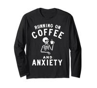 Running on Coffee And Anxiety Funny Skeleton Drinking Coffee Maglia a Manica