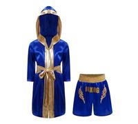RUNQHUI Accappatoio da Boxe per bambini, Boxe Muay Thai MMA Kickboxing Uniforme da Boxe Set, blu royal, 5-6 Anni