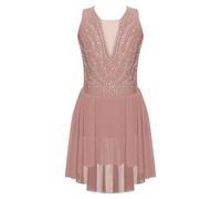RUNQHUI Bambino Ragazza Vestito Pattinaggio Artistico Strass Body senza Maniche Body Danza Palestra Vestito Competizione Spettacolo, Rosa polverosa., 7-8 Anni