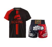 RUNQHUI Completo da Boxe per Bambini Ragazzi Tenuta Sportiva Boxe Combattimento Top e Pantaloncini Muay Thai MMA Kick Boxing Allenamento, nero rosso, 5-6 Anni