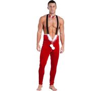 RUNQHUI Costume da uomo Babbo Natale Tuta Bodysuit Cosplay Adulto Natale Spettacolo Clubwear S-4XL Rosso 3XL