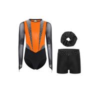 RUNQHUI Ragazza 3 Pezzi Set da Ginnastica Body Manica Lunga con Pantaloncini e Fascia Tenuta Ginnastica Strass Metallico, Arancio nero, 5-6 Anni