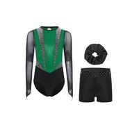 RUNQHUI Ragazza 3 Pezzi Set da Ginnastica Body Manica Lunga con Pantaloncini e Fascia Tenuta Ginnastica Strass Metallico, Verde scuro Nero, 9-10 Anni