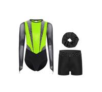 RUNQHUI Ragazza 3 Pezzi Set da Ginnastica Body Manica Lunga con Pantaloncini e Fascia Tenuta Ginnastica Strass Metallico, Verde Fluorescente Nero, 15-16 anni
