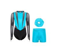 RUNQHUI Ragazza 3 Pezzi Set da Ginnastica Body Manica Lunga con Pantaloncini e Fascia Tenuta Ginnastica Strass Metallico, Azzurro, 11-12 Anni