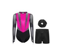 RUNQHUI Ragazza 3 Pezzi Set da Ginnastica Body Manica Lunga con Pantaloncini e Fascia Tenuta Ginnastica Strass Metallico, Rosa brillante nero, 7-8 Anni