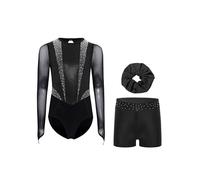RUNQHUI Ragazza 3 Pezzi Set da Ginnastica Body Manica Lunga con Pantaloncini e Fascia Tenuta Ginnastica Strass Metallico, nero - noir argent, 13-14 Anni